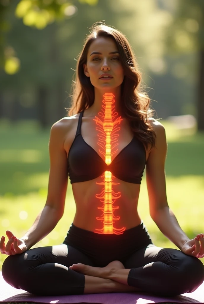 a woman doing yoga exercises for L4-S1 disc herniation, detailed face and body, beautiful detailed eyes, beautiful detailed lips, extremely detailed eyes and face, long eyelashes, leggings, yoga mat, serene nature background, sunlight, vibrant colors, cinematic lighting, photorealistic, 8k, best quality, masterpiece