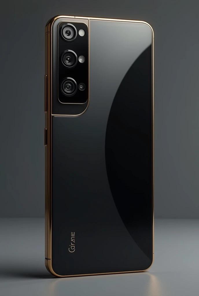 Create an image of a high-end cell phone of the future with 3 matte black cameras, the glass back and gold edges, the main screen that has no edges and the design is like the phone 15 pro max but with vertical cameras