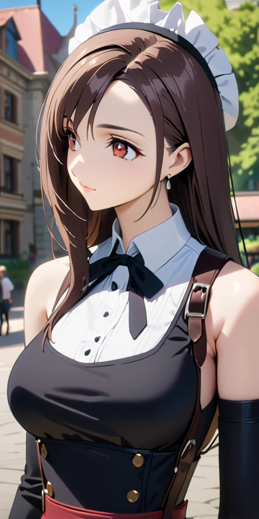 (((((tifa lockhart:1.5))))),((Highest quality、masterpiece、anime style、best quality、high resolution、8k、detailed、ultra-detailed:1.3))、Long legs:1.2, Beautiful woman with perfect figure:1.4、(Smiling:1.2), double eyelid、30-year-old female、((((One Woman,beautiful face,Beautiful face、Outdoor,upper body:1.5)))),Big Breasts、High resolution, accurate, Anatomically correct, High-resolution model, high quality, Very detailed, Ultra high definition、Black Hair、Straight Hair、Long Hair、swimwear、maidコスチューム、Mansion、maid、maidユニフォーム