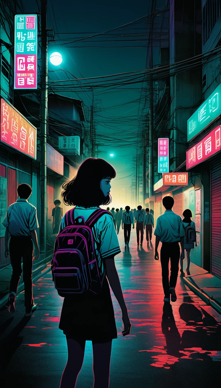 An illustration、art、80s Thai horror movie poster, Supervised by Junji Ito、(high  student:1.25)、night、Urban area、Attention to detail, Realistic Shadows、Analog Style, chromatic aberration, Surrealism、Complementary Gradient