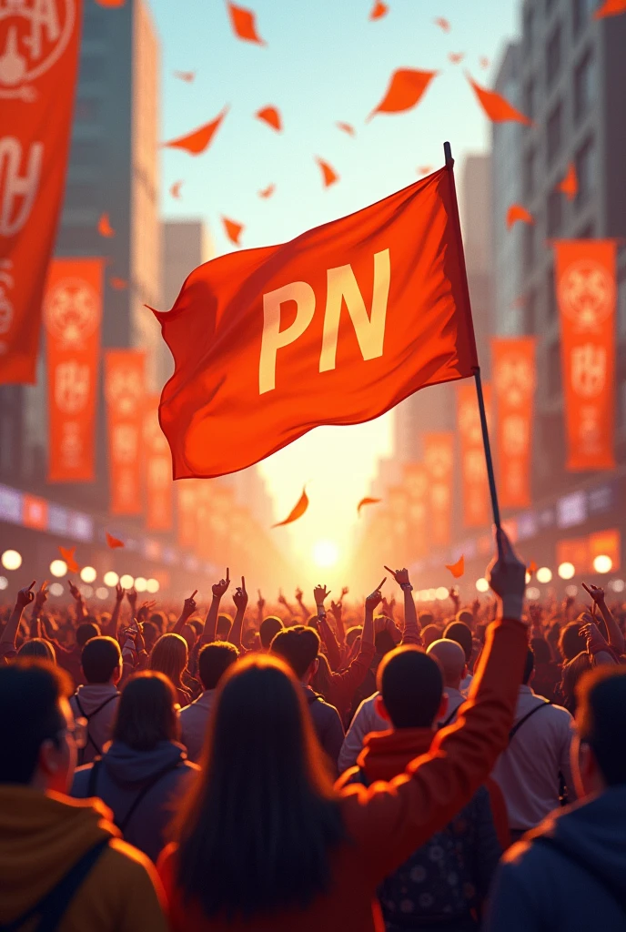 Crowd of people celebrating the victory of the Orange Party with flags that have the initial PN 