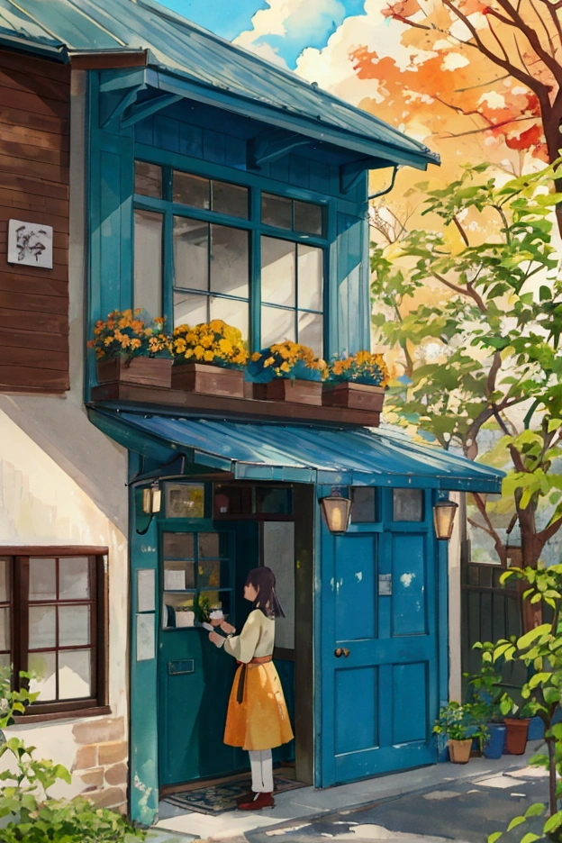 front view of the coffee shop,A cozy, charming café with an inviting atmosphere. The café has a blue exterior with a rustic wooden door and large windows displaying the interior. The building is surrounded by lush greenery, including plants growing up the walls and hanging flower baskets filled with colorful blooms. There is a small outdoor seating area with a round table and wooden stools, with two cups of coffee placed on the table. The scene is set during autumn, with vibrant orange and yellow leaves on the trees that arch over the café, creating a warm and welcoming ambiance. In the background, there is a serene lakeside view with a distant sailboat, under a partly cloudy sky. The lighting is soft, with shadows adding depth to the scene, making it feel peaceful and inviting,theme of analog color, hip hop lo-fi, retro, flat, 2.5D, line drawing, ink painting, watercolor painting, pastel color, Studio Ghibli style, bright colors, lo-fi style, old texture, amplitude, masterpiece, technology of wonders