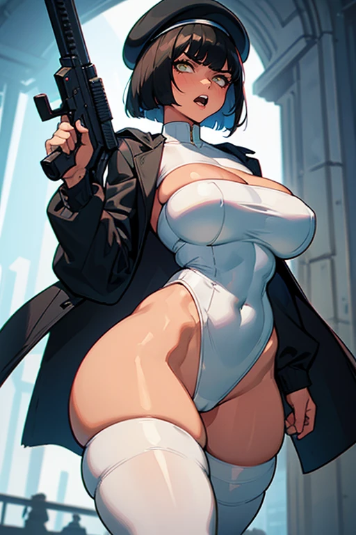  thick hips,  thick thighs, platform  heels, bandeau top, white high cut leotard, huge breast, thin waist, bob cut hair, weapon, tanned skin, gun, angry look,  scream, thick body, fitness, stockings, beret, cyberpunk 