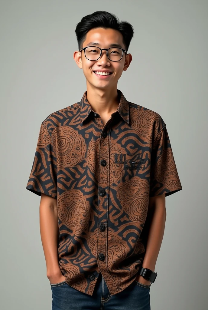 Photorealism An 18 year old Indonesian man with a smiling face, a short, thin body, wearing brown Indonesian batik with a short haircut (short slicked back) ,jeans wearing oval chrome glasses