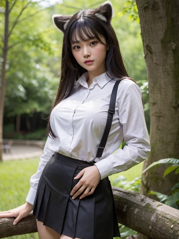 ((Highest quality, 8k)), ((masterpiece)), (Highest Resolution), Perfect Face, Raccoon-eared woman, Female college student, Beautiful woman, public, One tail, she has thick thighs, Big raccoon tail, She has a brown raccoon tail., She sticks out her tail, Embarrassed face, Fur collar, She is wearing a short skirt, Beautiful Hips , Big Breasts, The skirt is rolled up with a big tail