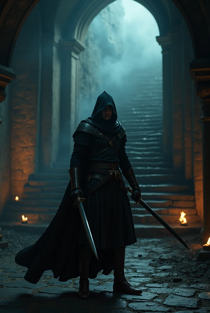 (masterpiece:1.2), (best quality:1.2), 8k, HDR, ultra detailed, ((photorealistic)), professional light, cinematic lighting, fashion photography, ambient lighting, background, a dark medieval dungeon, Darkness, epiCPhoto, fire, stairs, A thief in cloth armor, holding long fair dagger in each hands.fair background,