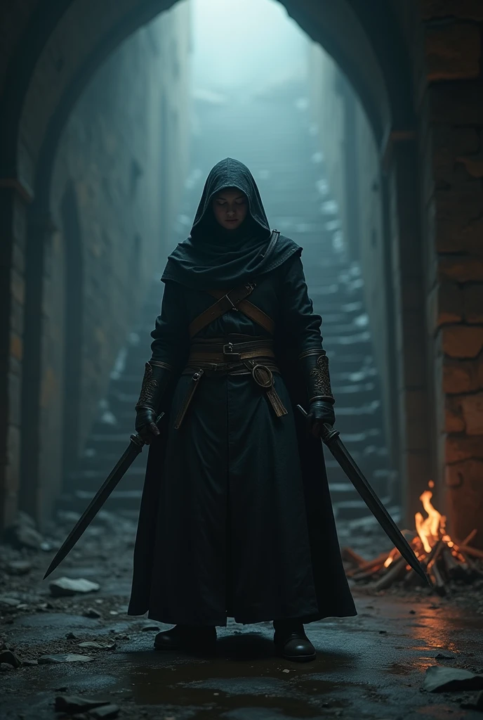 (masterpiece:1.2), (best quality:1.2), 8k, HDR, ultra detailed, ((photorealistic)), professional light, cinematic lighting, fashion photography, ambient lighting, background, a dark medieval dungeon, Darkness, epiCPhoto, fire, stairs, A thief in cloth armor, holding long fair dagger in each hands.fair background,