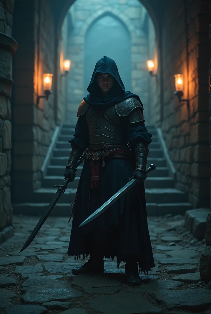 (masterpiece:1.2), (best quality:1.2), 8k, HDR, ultra detailed, ((photorealistic)), professional light, cinematic lighting, fashion photography, ambient lighting, background, a dark medieval dungeon, Darkness, epiCPhoto, fire, stairs, A thief in cloth armor, holding long fair dagger in each hands.fair background, 