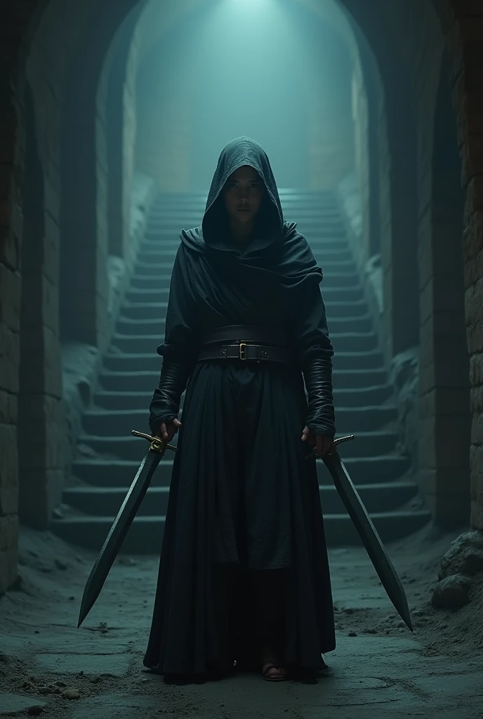 (masterpiece:1.2), (best quality:1.2), 8k, HDR, ultra detailed, ((photorealistic)), professional light, cinematic lighting, fashion photography, ambient lighting, background, a dark medieval dungeon, Darkness, epiCPhoto, fire, stairs, A thief in cloth armor, holding long fair dagger in each hands.fair background, 