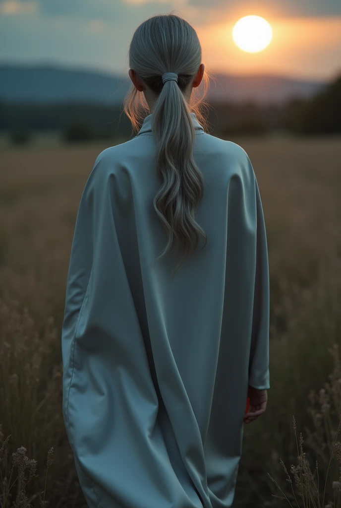(RAW Photo) , (highly detailed:1.20) , ultra realistic :1.10) ,sexy girl in her 20s , (perfect face:1.20) , (detailed eyes:1.20) , with long silver hair in ponytail , (((long silver satin cape tied at the neck with a ribbon :1.20))) , naked , full body, walking in a moonlit field , high-quality ultra realistic style, warm tones, soft lighting, detailed eyes, professional, expressive , 8K , highly detailed , professional,