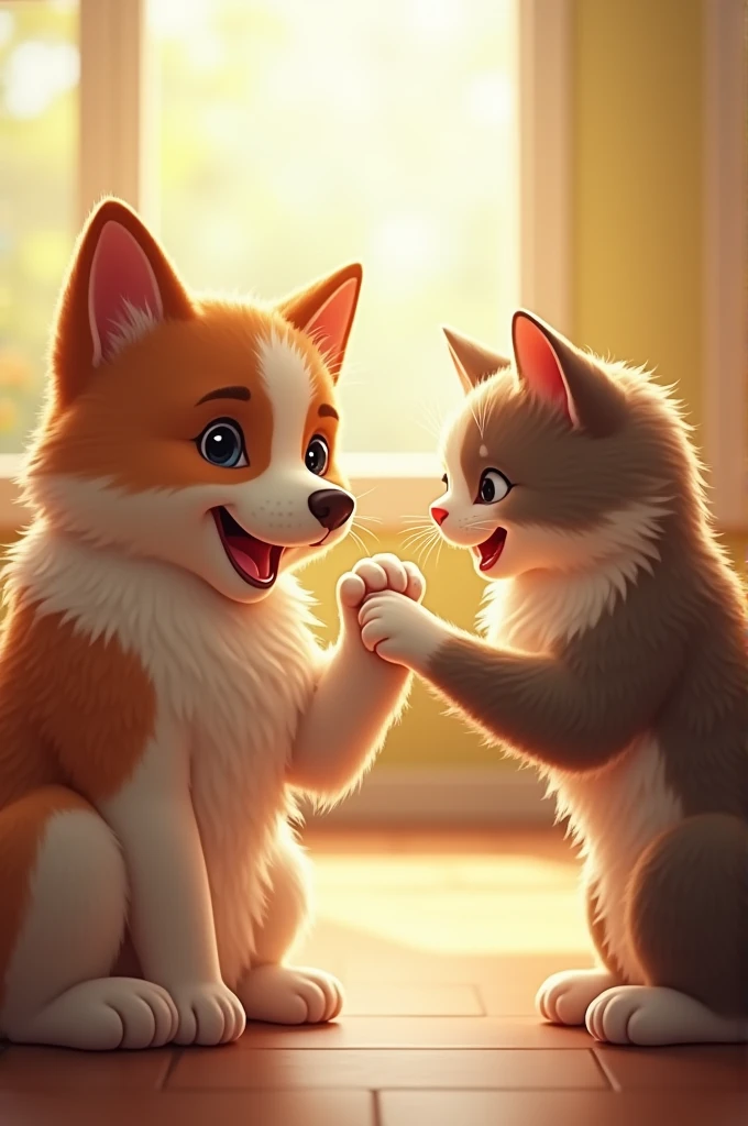 A dog an a cat shaking paws