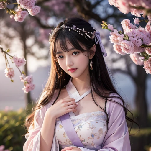best quality, Delicate face,beautiful visual work, lifelike, eternity, black hair, Long curly hair, blunt bangs, Smile, Detailed Background, Delicate face,blush,cold,((masterpiece))、(top quality)、8k、high detail、Super detailed,21 years old female,Wearing Tang Dynasty Hanfu、waist skirt, Clothes are light and fluffy,Hanfu, wide sleeves, Transparent sleeves, Tunic, Clothes made of chiffon, Seductive and whimsical style、masterpiece、born、Scenes resembling fairy tale illustrations、Intricate details and complex designs、Beautifully、magic、capricious、 Beautifully、Dream aesthetics、「𝓡𝓸𝓶𝓪𝓷𝓽𝓲𝓬、ethereal、charming、fickle、magic」、Realism、Visual effects、FXAA、SSAO、Shaders、voiceless、ambient lighting、Tone mapping、High resolution、Ultra high quality、Million pixels、(8K resolution:1.10)、8k、Below 8K、8K resolution、high detail、intricate details, (high quality:1.2、masterpiece:1.2、:1.21)、(21 years old female:1.21)、(Smile excitedly)、(Surrounded by a dream-like atmosphere、Model diagram,full-body shot,Normal 2 feet,Put your hands behind you,The protrusion of the breast is visible when wearing clothes, Large Breasts, H cup chest, antiquity, Xian Xia, gauze clothes, Soft and fluttering, Fairy, dream, fantasy, light, elegant, nature, Immortal, romantic, classical, ribbon, light purple clothes, By the stream