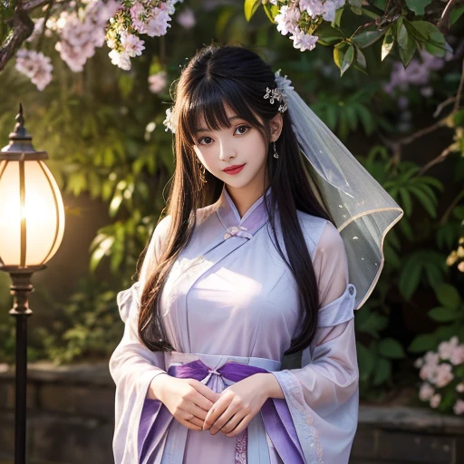 best quality, Delicate face,beautiful visual work, lifelike, eternity, black hair, Long curly hair, blunt bangs, Smile, Detailed Background, Delicate face,blush,cold,((masterpiece))、(top quality)、8k、high detail、Super detailed,21 years old female,Wearing Tang Dynasty Hanfu、waist skirt, Clothes are light and fluffy,Hanfu, wide sleeves, Transparent sleeves, Tunic, Clothes made of chiffon, Seductive and whimsical style、masterpiece、born、Scenes resembling fairy tale illustrations、Intricate details and complex designs、Beautifully、magic、capricious、 Beautifully、Dream aesthetics、「𝓡𝓸𝓶𝓪𝓷𝓽𝓲𝓬、ethereal、charming、fickle、magic」、Realism、Visual effects、FXAA、SSAO、Shaders、voiceless、ambient lighting、Tone mapping、High resolution、Ultra high quality、Million pixels、(8K resolution:1.10)、8k、Below 8K、8K resolution、high detail、intricate details, (high quality:1.2、masterpiece:1.2、:1.21)、(21 years old female:1.21)、(Smile excitedly)、(Surrounded by a dream-like atmosphere、Model diagram,full-body shot,Normal 2 feet,Put your hands behind you,The protrusion of the breast is visible when wearing clothes, Large Breasts, H cup chest, antiquity, Xian Xia, gauze clothes, Soft and fluttering, Fairy, dream, fantasy, light, elegant, nature, Immortal, romantic, classical, ribbon, light purple clothes, By the stream