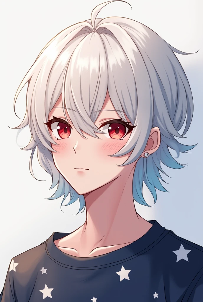 18 year old boy. art style: アニメ. Wearing a star sweatshirt. Medium hair, half wavy and straight. Hair white as snow and eyes red as blood, expression lively and gentle 