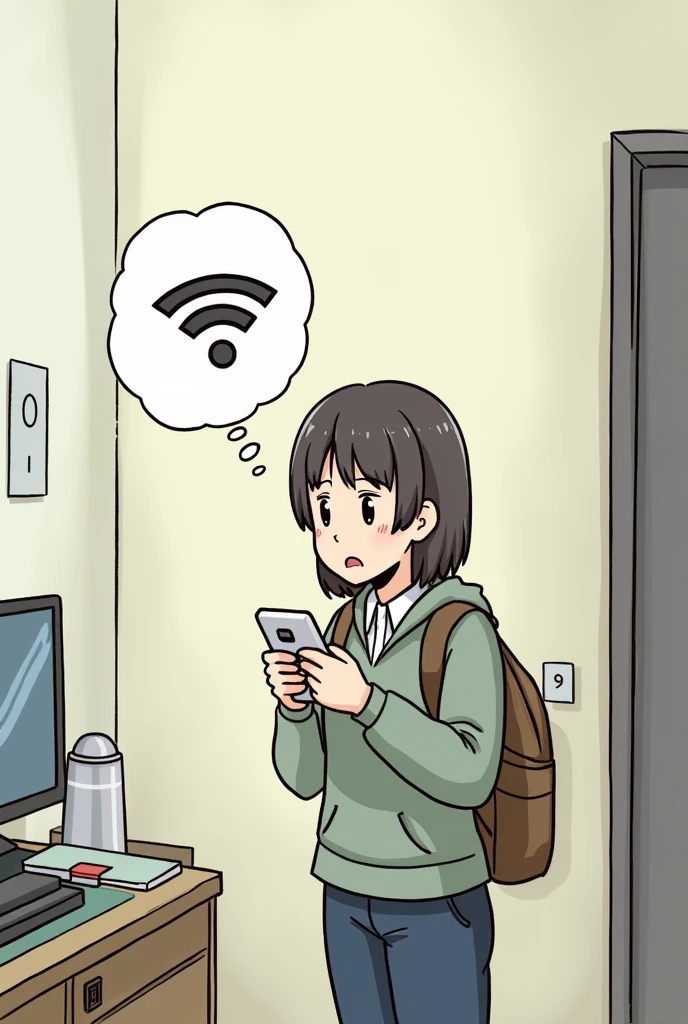 Scene: Person B checks their phone and looks confused. A thought bubble appears showing a broken Wi-Fi signal.