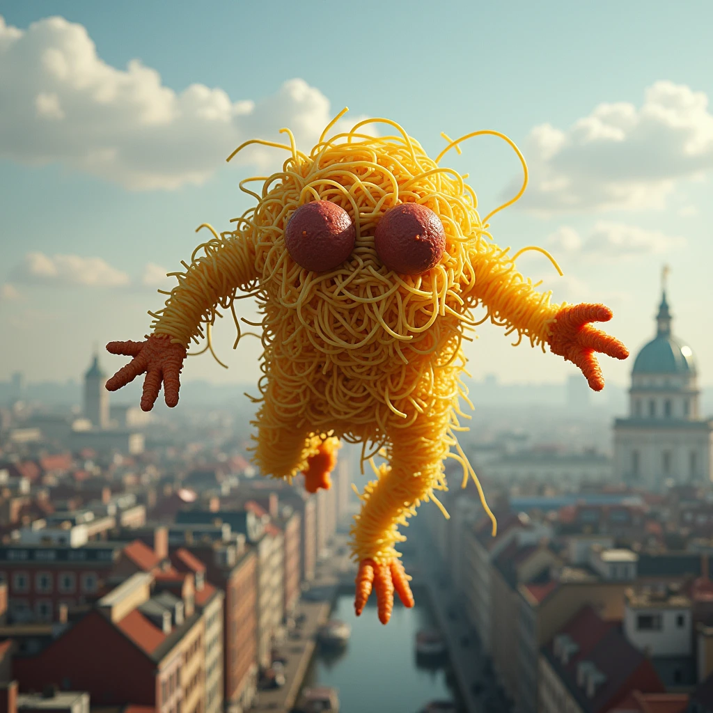 realistic photograph of the sighting in the distance of a monster made entirely of large spaghettis, body made of large spaghettis, flying over the buildings of a city, the monster has two meatballs as eyes and two spaghetti appendages as arms, without hands, without legs, highly detailed photograph, very high resolution, master piece, masterpiece, landscape photography, no hands, 