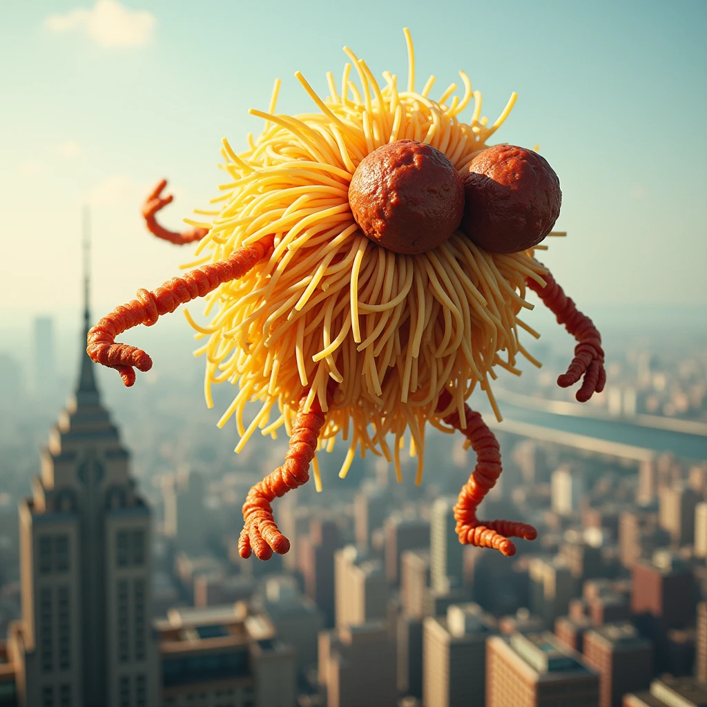 realistic photograph of the sighting in the distance of a monster made entirely of large spaghettis, body made of large spaghettis, flying over the buildings of a city, the monster has two meatballs as eyes and two spaghetti appendages as arms, without hands, without legs, highly detailed photograph, very high resolution, master piece, masterpiece, landscape photography, no hands,