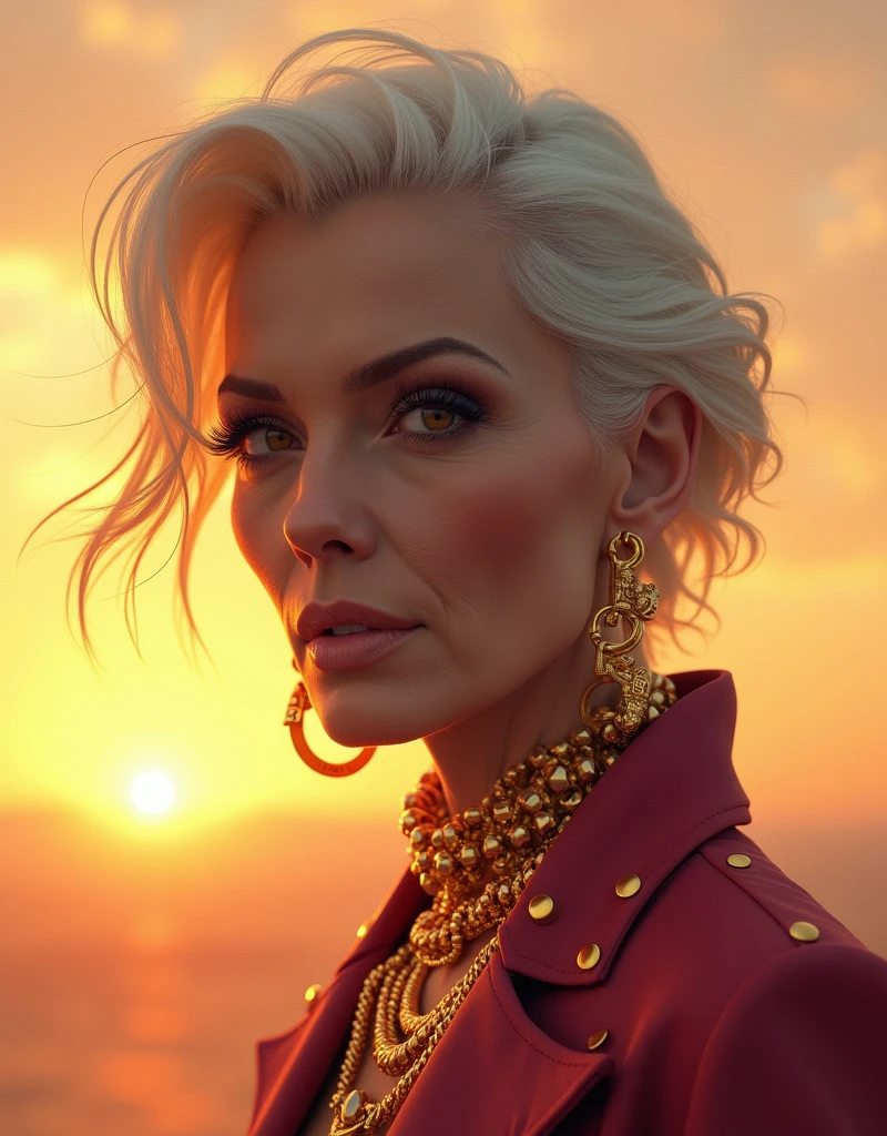 insane sunset, insane professional Illustration hand`s nails-style nails-view, Adult The photograph showcases a close-up portrait of a Old woman posed against a neutral-toned background that complements her complexion. The lighting is soft, diffused evenly to highlight the contours of her face without harsh shadows, suggesting the use of a broad light source or a reflector to achieve such balanced illumination. Her hair is swept to one side, styled to move with the wind, which adds a dynamic element to the image. The color palette is harmonious, with her tan outfit and golden accessories creating a warm, monochromatic effect. She's adorned with bold, statement jewelry—a large golden link chain as a choker and chunky lettered earrings, both contributing to a luxe aesthetic. Her finger, placed gently against her lips, draws attention to her face, which is the clear subject of the composition. She wears a broad, studded cuff on her wrist that echoes the style of the necklace, and her expression is contemplative, with her gaze slightly averted from the camera, inviting viewers to ponder her thoughts. Technically, the depth of field is shallow, keeping her features in sharp focus while softly blurring the background, which suggests the use of a lens with a wide aperture. The composition employs a tight framing that captures the model from the chest up, emphasizing her expression and the fine details of her accessories. The overall effect is one of understated elegance and high-fashion sensibility. varies,multi, etc. --v 6 --s 1000 --c 20 --q 500 --chaos 100