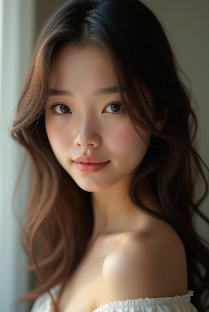ultra realistic, Photography, dark brown hair, Long hair, straight hair, light brown eyes, women, 28 years, hourglass figure, shaped body, smile, innocent face, extremely detailed artgerm, In the Artgerm style, in front of the camera, 35mm lens, blurred background, masterpiece, Best Quality, extremely detailed:1.2, Hyper realistic, photorealistic ultra detailed face, Pale skin.
