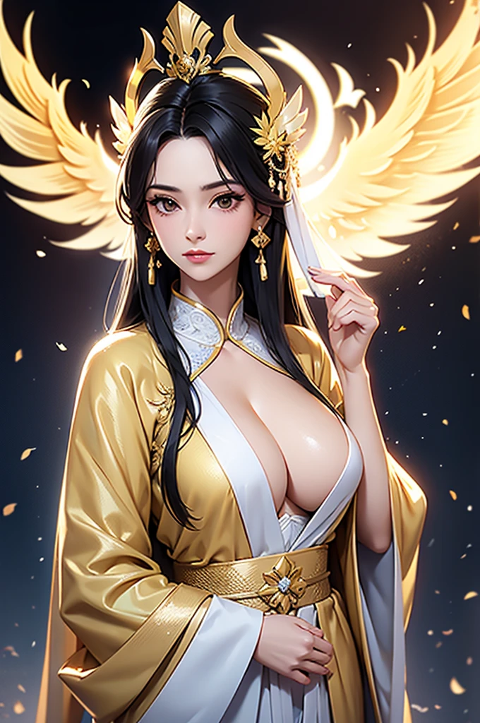 Black Hair, Immortal, Beauty, Royal sister, Stepmother, White and gold robe robe, Golden Phoenix Coronet, Hair Bunch, Beautiful Breasts , Mature Woman,Sunshine