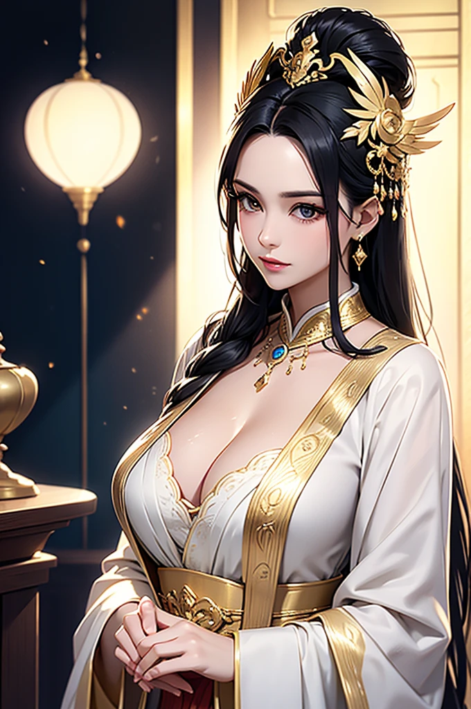 Black Hair, Immortal, Beauty, Royal sister, Stepmother, White and gold robe robe, Golden Phoenix Coronet, Hair Bunch, Beautiful Breasts , Mature Woman,Sunshine
