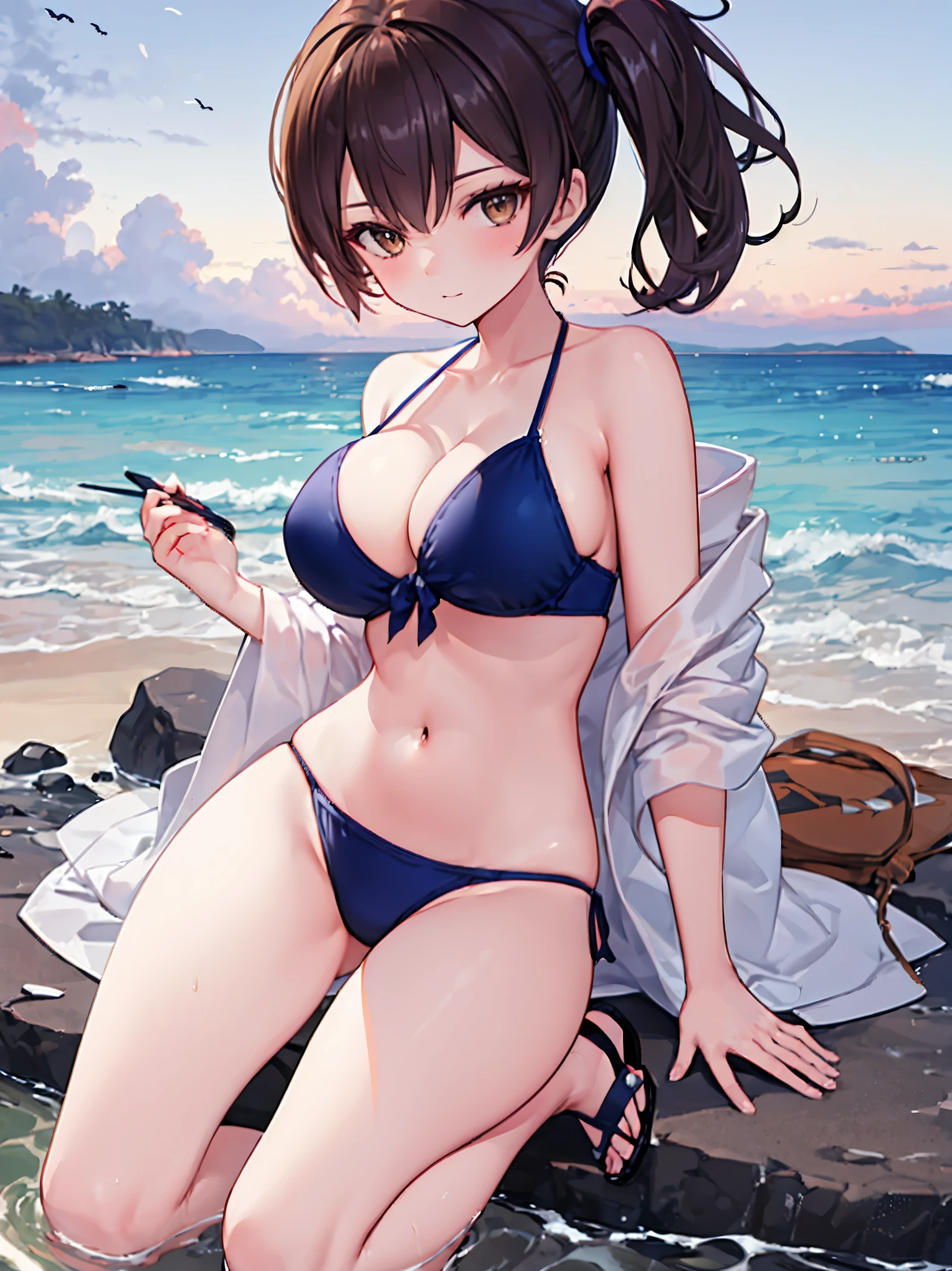 Beautiful illustration、top-quality、Kaga_kantaicollection
brown_hair, Side_Ponytail, brown_Eyes, Short_hair, (big_breasts:1.5) long_hair、Blue Bikini、 coast_landscape,(abs:0.5),navel,solo,(light_smile:0.6),(solo:1.5)。sandals,