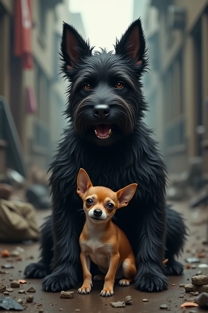Black male Scottish Terrier saving a wheaten colored Chihuahua