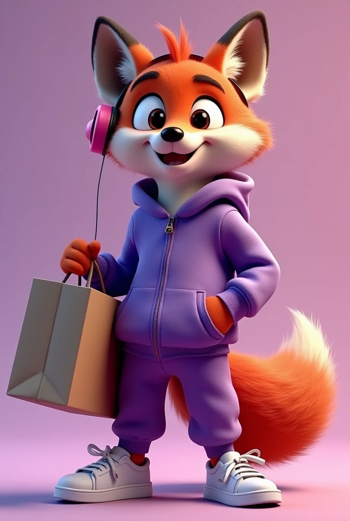 A disney pixar 4d style fox wearing a purple tracksuit and stylishly dropshipping wearing and sporting a stylish headphone happy