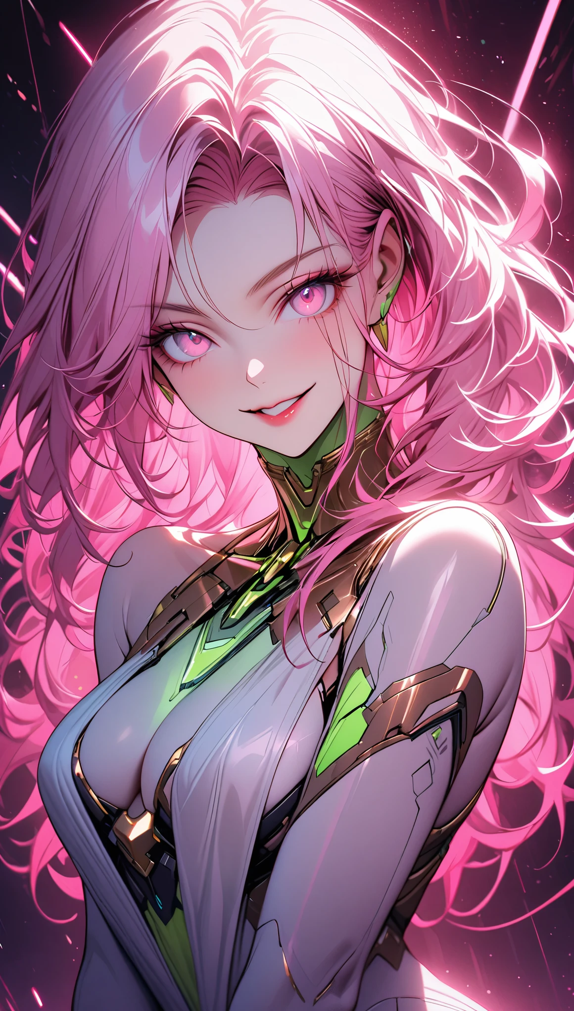 solo female, medium shot, pink hair, pink eyes, artificial intelligence shaped after the green goddess Aphrodite, cyberpunk, futuristic, eager smile, elegant simplicity, cyber space, white and silver and pink theme, romantic, mature beauty, gold accents, bronze accents, pinup pose