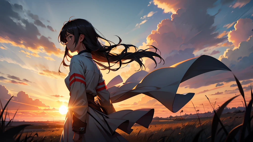 a girl looking at the sun introspectively, looking at a sunset, in an open field, with leaves flying around, with the look of someone lost in life, afraid of the future, rear view, looking forward