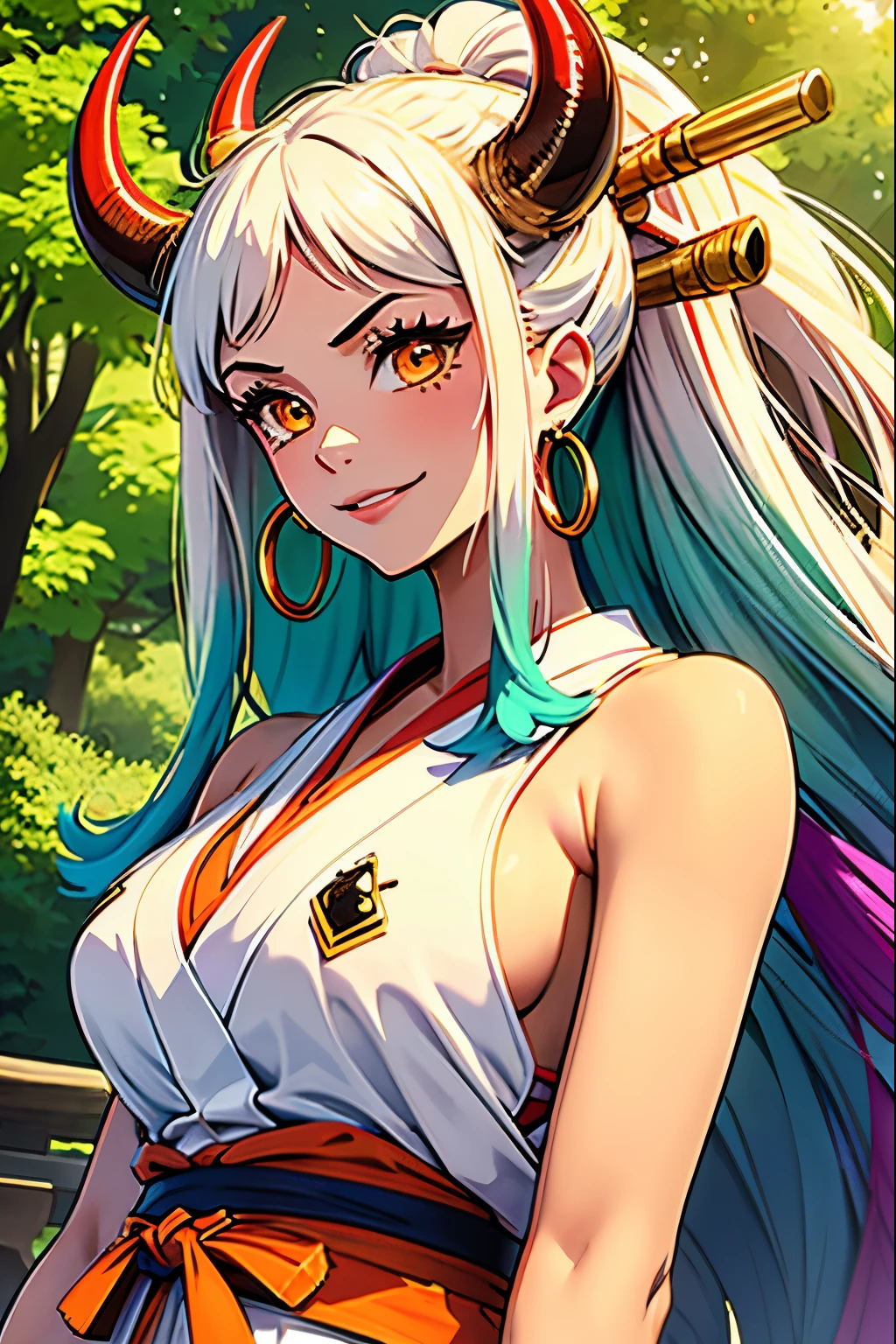 Masterpiece, ((Ultra detailed backgrounds, Delicate pattern, Intricate High Details)), (highly detailed, finedetail), Best quality,Beautiful lighting, (((mediuml breasts, lean girl, Very thin girl))), (cow boy shot), Yamato V2, Long hair, 1girll, banya, whaite hair, Tik, their, red horns, Coiled horn, hair adornments, (multicolored horns), jewely, Earrings, Japanese clothes, komono, hair stick, Sleeveless, Bare shoulders, aqua hair, side locks, hoop earings, hakama, ssmile, Hefty Smile, ((orange eyes)), complex detailed background, outside, setting in nature, Rochas, Sunny weather, blue sky, Ciel,