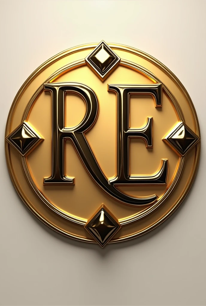 Logo with letters R and E in premium finish with gold letters with abstract diamonds in a circle