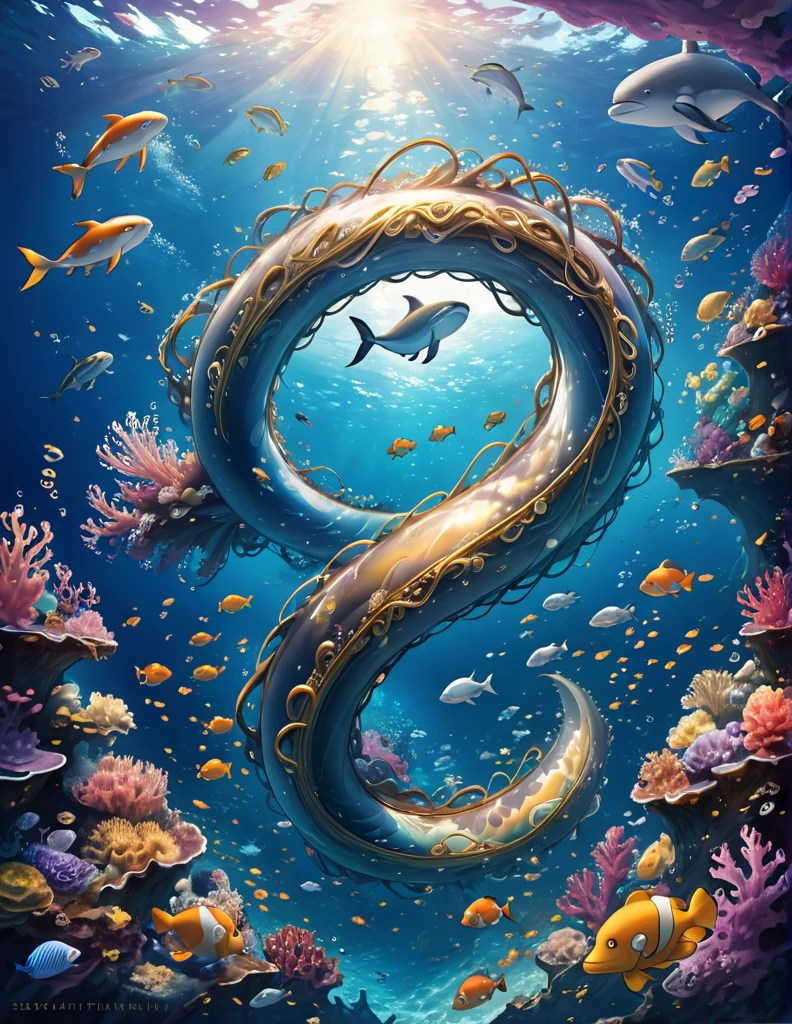 Traps in a deep sea. Any of sea animals. Something that goes on forever without any limit or end (infinity). A written word 'Infinity' by SeaArt.