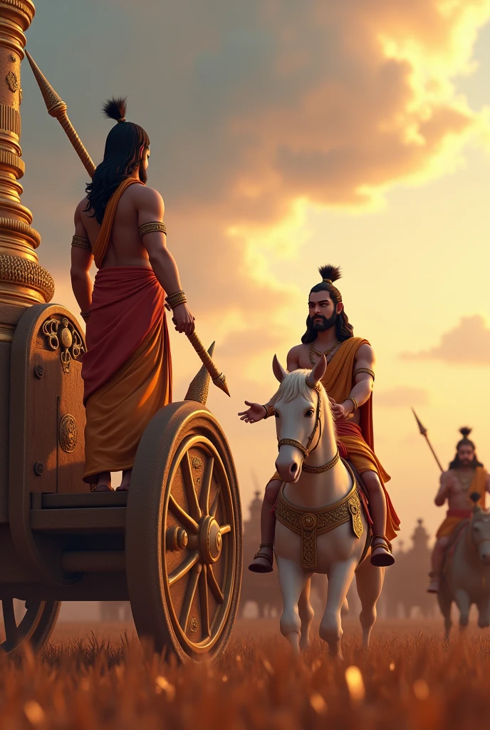 In 3D Cinematic Cartoon Style
"An artistic portrayal of the **Gita Updesh** from the Mahabharata. The scene is set on the battlefield of Kurukshetra, where Arjuna, standing on a grand chariot adorned with intricate designs, is hesitant and conflicted about fighting against his own family. His bow and arrow are lowered, and his expression is one of deep concern. Lord Krishna, who is calm and divine, stands beside him, offering the teachings of Karma Yoga. Krishna is explaining the eternal nature of the soul and the importance of performing one's duty without attachment to the results. The background shows the battlefield filled with warriors and chariots, under a dramatic sky that reflects the gravity of the situation. The overall mood of the image conveys the timeless wisdom and relevance of the Gita's message about duty, righteousness, and the imperishable soul."