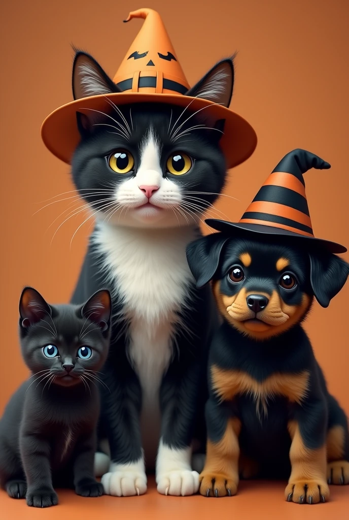 Realistic image of an adult black and white cat, a black kitten and a rottweiler style puppy, all with short fur and halloween hats.