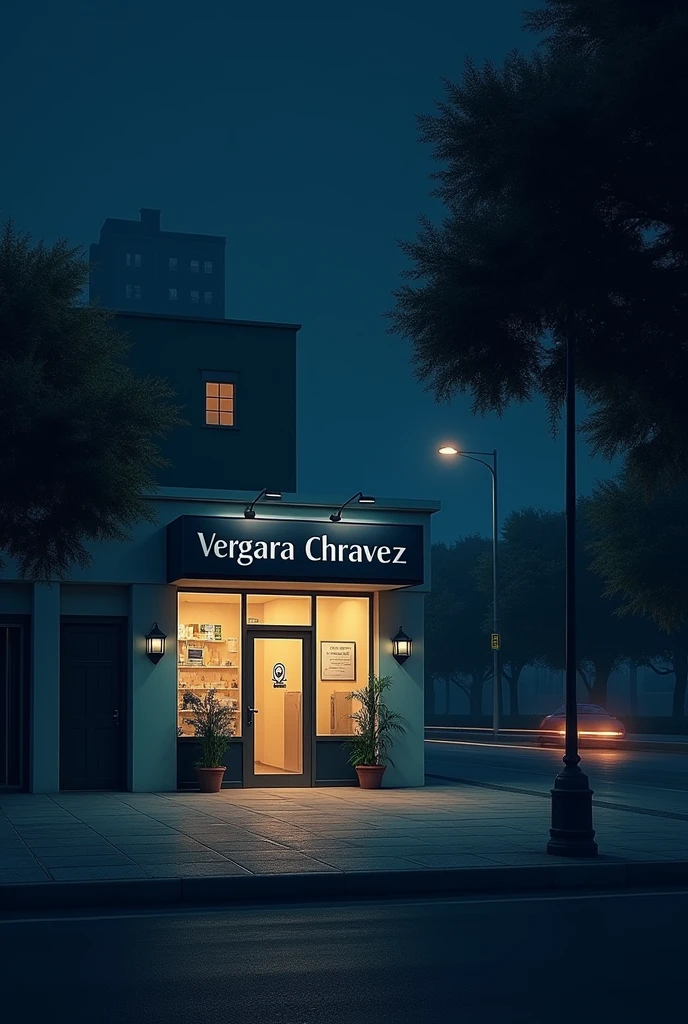 Doctor's office outside called Vergara Chavez at night