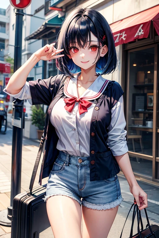 Red eyes, Bob Hair, Large Breasts,Navy Blue Hair, Inner Color, White blouse,Shorts smile　cute