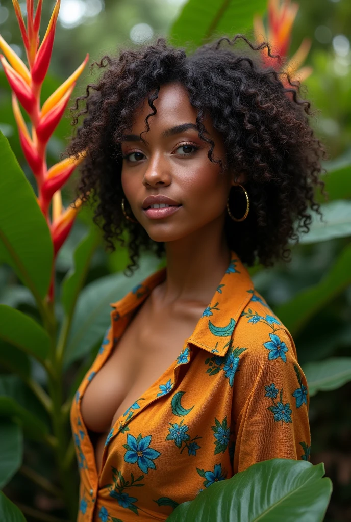 A Brazilian woman in a lush tropical garden, wearing an open shirt with a floral print, with a close-up capturing the harmonious beauty between her breasts and the natural flowers, showing off your natural charm and outgoing personality.