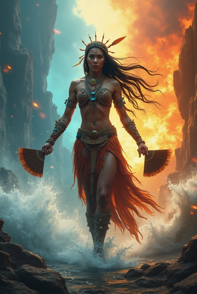 An indigenous woman warrior with fans In the avatar state dominating water, land, fire and air