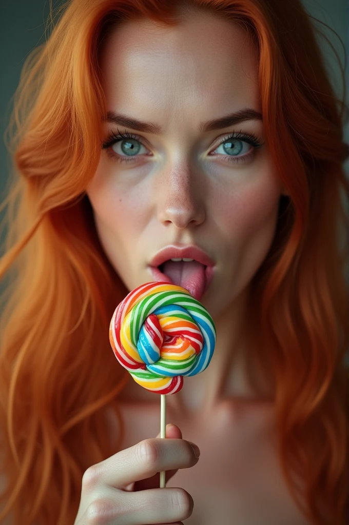 (photorealistic of a woman, Ultrarealistic, fot, long redhead hair, older woman, e sexly de 45 anos de idade, seducing gaze, big natural breasts, blur the background, her wet tongue licking a thick, long, rainbow-colored spiral lollipop, some saliva is dripping from your tongue, seducing gaze, long eyelashes, cat eye makeup... As if she was looking at the camera...sexly
