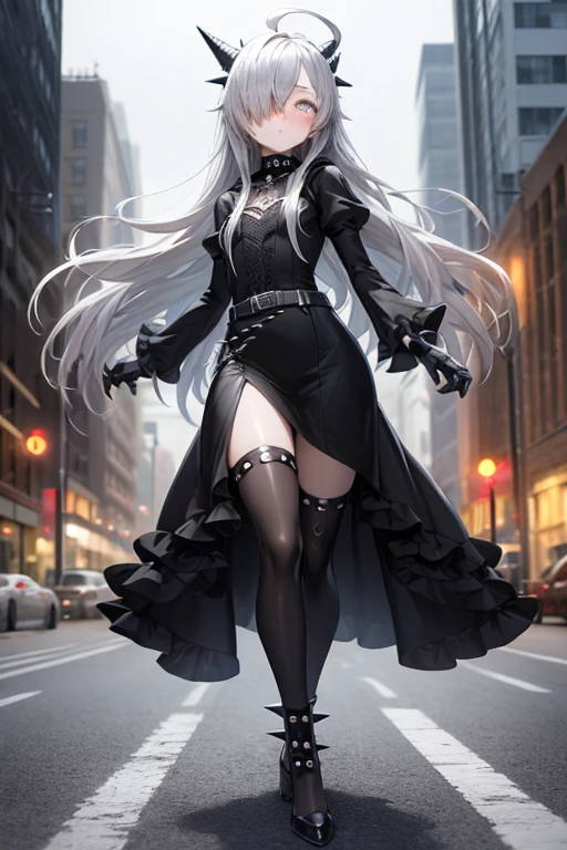 ((best quality)), ((masterpiece)), (detailed), 1 girl, full body, 18 years old, depressed face, pretty face, mask, silver eyes, blushing, silver hair, long hair, spiky hair, ahoge, bangs, strand of hair covering her right eye, full body, very tall, very small breasts, flat chest, thin body, gray hood, gray wristbands, metal spikes, long black gloves with spikes, gray dress, gothic ta dress, puffy sleeve, gray dress with metal spikes, blades on the steering wheel, metal emblem, somewhat tight, black belt, pale skin, black stockings, black shoes, walking in the city, metal spikes sticking out of the road, looking at me, city background, anime
