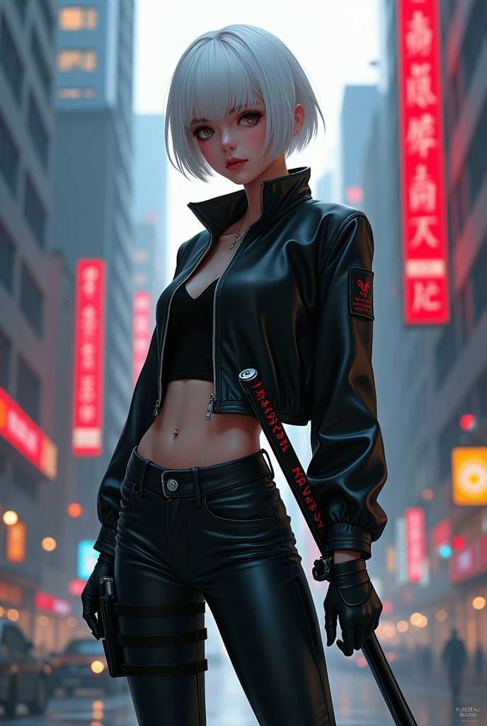 white short hair girl in cyberpunk city, she hold katana, she's job is special force agent, she is a walking, illust by ilya kuvshinov