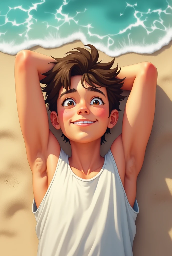 Young white boy in LAYING DOWN position lying down lying down on the beach sunbathing lying down smiling with arms raised up, Arms raised up, arms up, wearing a sleeveless shirt, with tank top