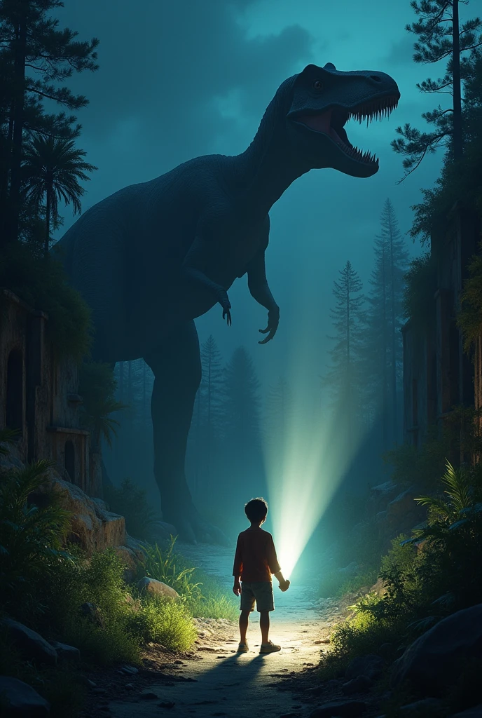 The shadow of a 14-year-old boy who lights up the night with a flashlight. Remains of Jurassic World park and a dinosaur in the background 
