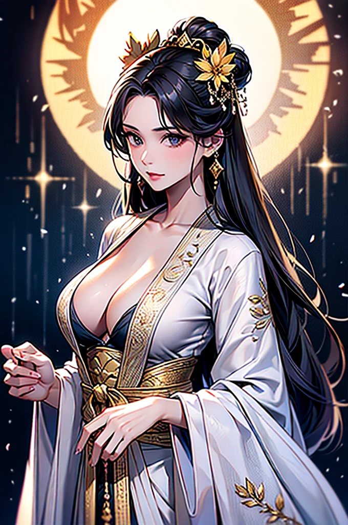 Black Hair, Immortal, Beauty, Royal sister, Stepmother, White and gold robe robe, Golden Phoenix Coronet, Hair Bunch, Beautiful Breasts , Mature Woman，Sunshine