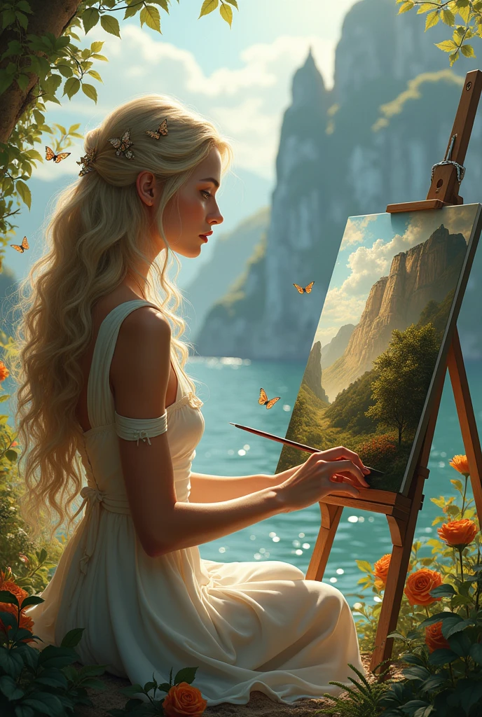 A picture of a beautiful woman with long hair, sitting on a chair painting a large landscape that has a canvas in the background, Around it there are many butterflies and an imposing horse