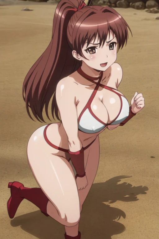 masterpiece, best quality, beautiful art, high resolution, well formed hands, body and fingers, 1 woman, solo, Chizuru Minamoto, 31 years old, full body picture, grown up, adult, large and rounded breasted, cleavage, hair ornament, wearing a Tyris Flare outfit , white_bikini, full body, sexy and skimpy bikini, gorgeous hips, legs and thighs bouncing breasts, red boots, fighting in a combat match, showing her fighting skills, making her guard, about to hit the viewer, looking at the viewer, panties peek, sweating, bouncing breasts, smiling joyfully and brightly, seductive face, being confident and proud, action and fighting scene, martial arts tournament on the beach