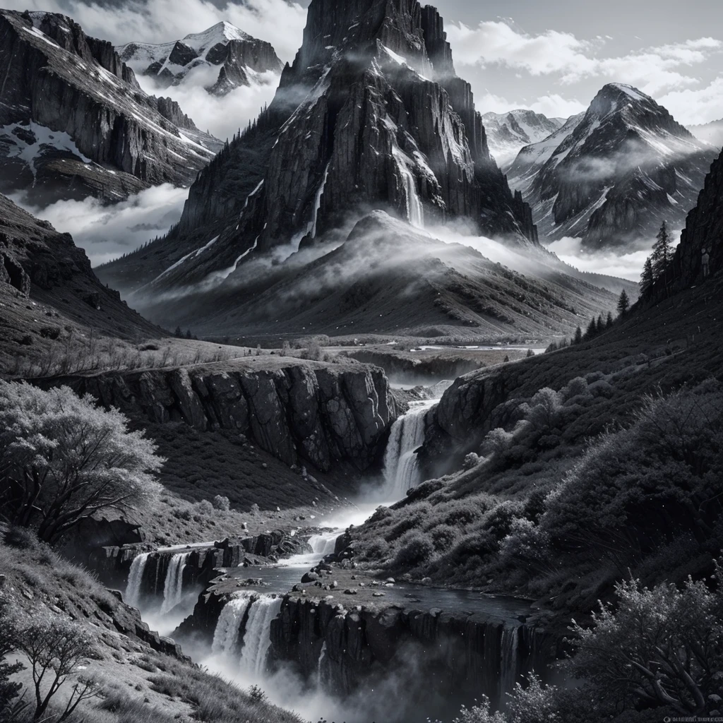 Black and white mountains with a waterfall and a few trees in the foreground, impressive fantasy landscape, an epic landscape, fantasy matte painting，cute, fantasy art landscape, most epic landscape, 4k hd matte digital painting, epic fantasy landscape, 4k highly detailed digital art, epic dreamlike fantasy landscape, epic landscape, 4 k matte painting, ross tran. scenic background