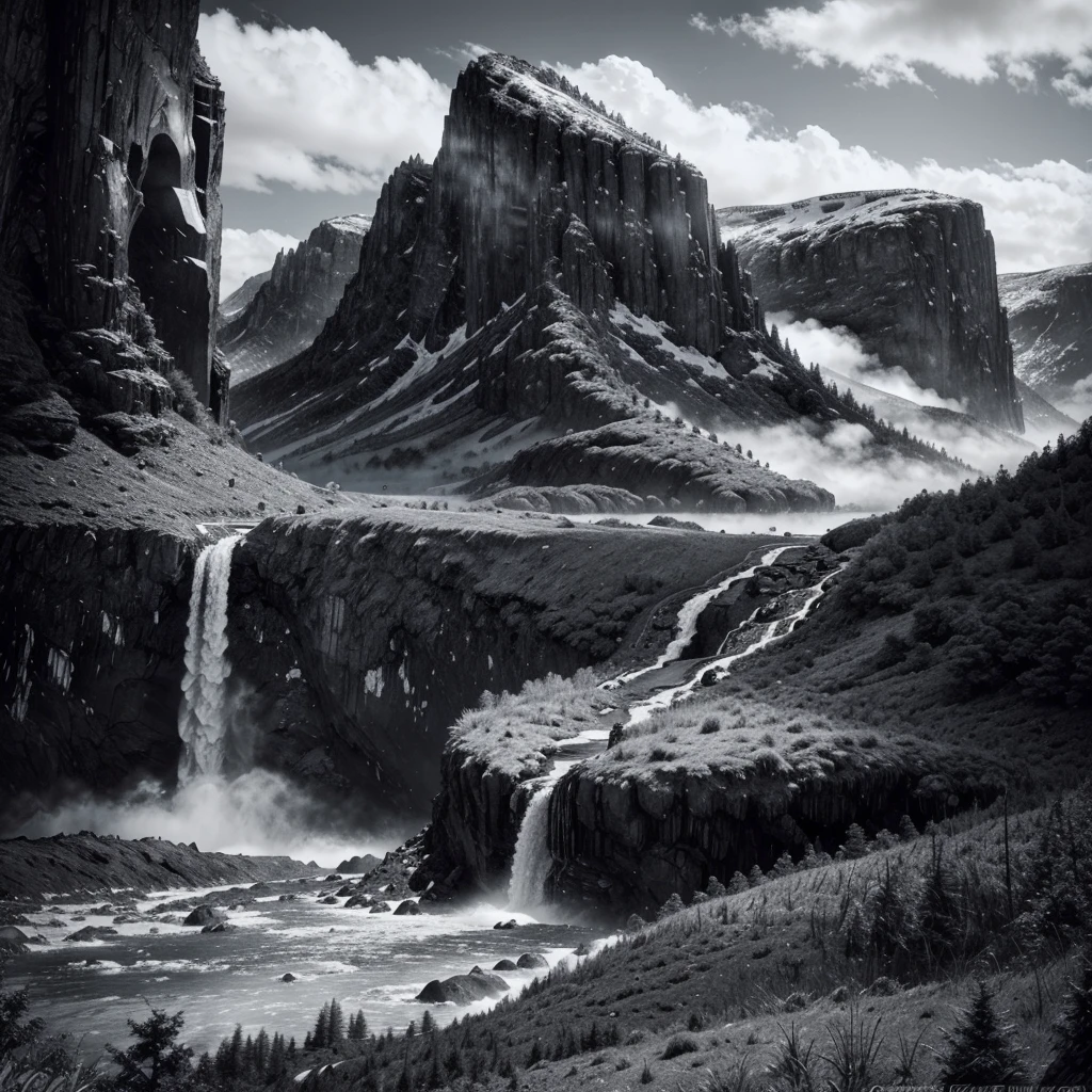 Black and white mountains with a waterfall and a few trees in the foreground, impressive fantasy landscape, an epic landscape, fantasy matte painting，cute, fantasy art landscape, most epic landscape, 4k hd matte digital painting, epic fantasy landscape, 4k highly detailed digital art, epic dreamlike fantasy landscape, epic landscape, 4 k matte painting, ross tran. scenic background