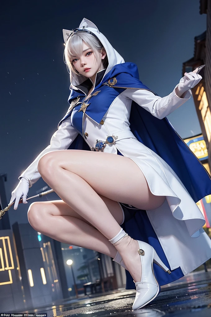 South korea women mystery hooded on with modern royal Blue coat with buttons and royal Blue cape and very high white heel over the knee and white gloves, As she reveals a small secret hidden blade, adding to the character’s mysterious and agile appearance, with small movements of air on the cape, in summer at night under the rain, with buildings featuring curved eaves and detailed architecture. The scene is set at night, sending a knife into the white woman's neck , intricate detail, ultra detail, incredible detail, intricate detail, extremely detailed and intricate, super max, masterpiece, best quality, HDR, UHD, unreal engine. , beautiful face, Rich in details High quality, gorgeous, captivating, 8k, super detailed, stunning shadows, detailed lines